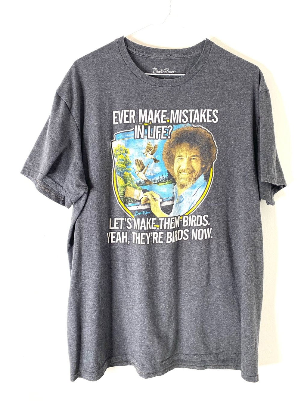 Bob Ross Birds Graphic Tee Gray Crew Neck Official Merchandise Shirt